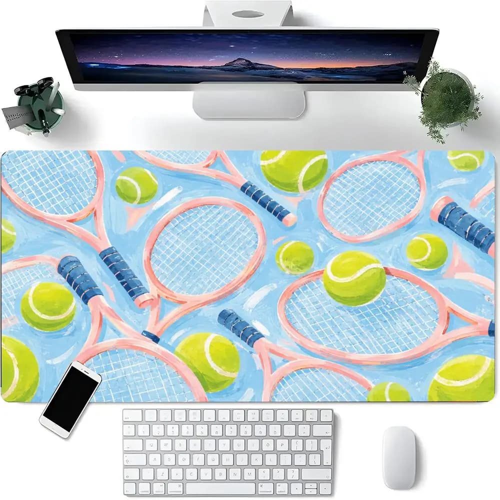 Preppy Aesthetic Tennis Racquet & Ball Brush Stroke Art Extended Gaming Mouse Pad Smooth Anti-Slip Rubber Desk Mat