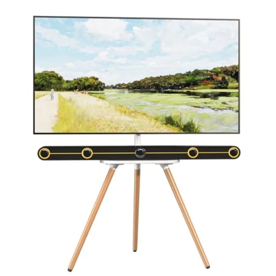 Easel TV-Stand for 43-65-Inch Screens - Portable Swivel Tripod TV Stand with Wooden Tray, Height Adjustable TV Floor Stand, Max