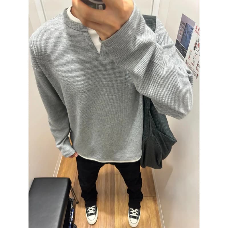 Cleanfit Grey V-Neck Long Sleeve Hoodie Spring Autumn Men's Style Casual Loose Fit Youth Trend No Ironing Treatment