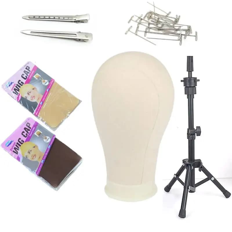 Support for wig mannequin with canvas head display with tripod for wig support for wig cap, brush pliers and hair clips with duck invoice