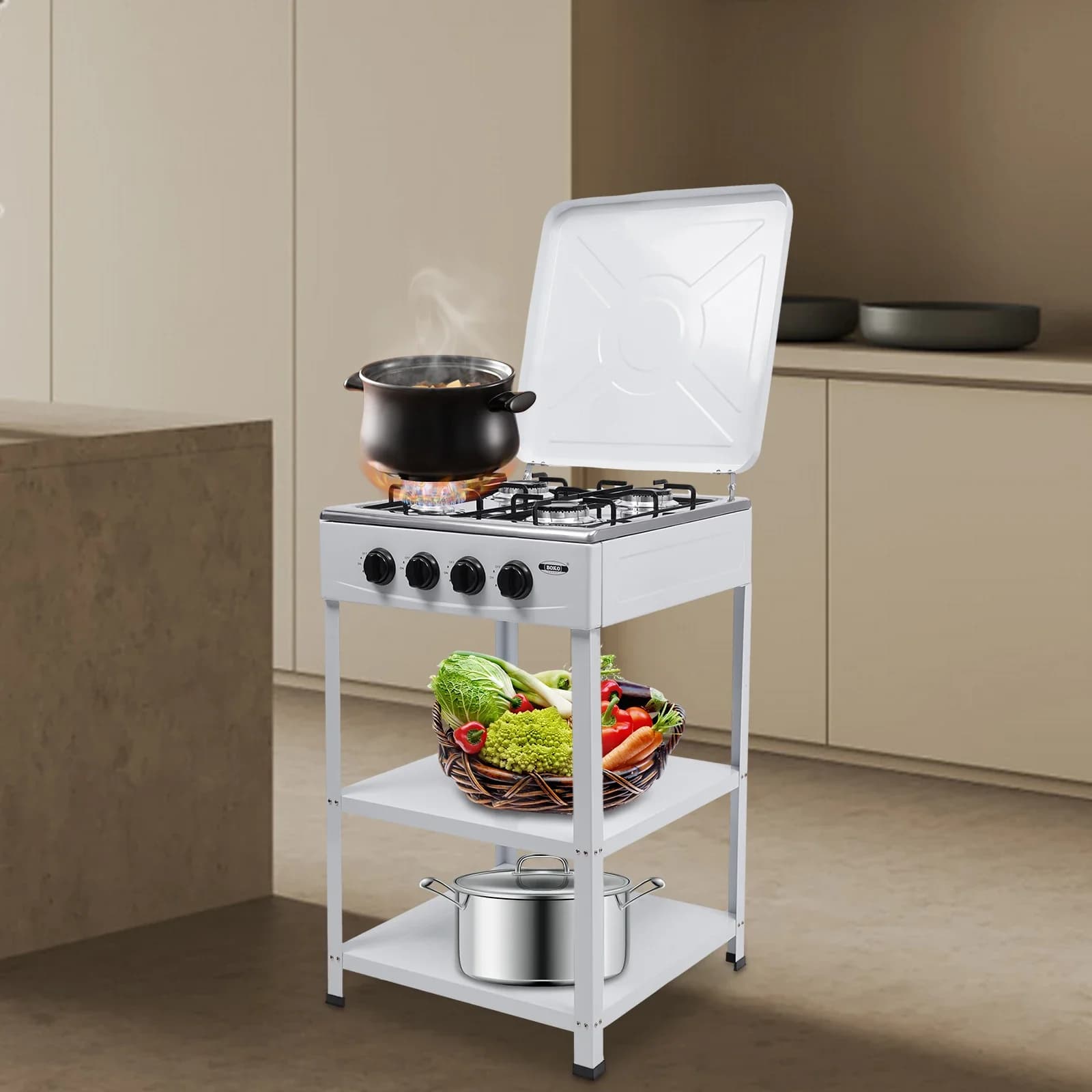 W | portable gas stove with 4 fires W | Support for leg and adapter for windproof cover for camping, picnic, camper kitchen at home