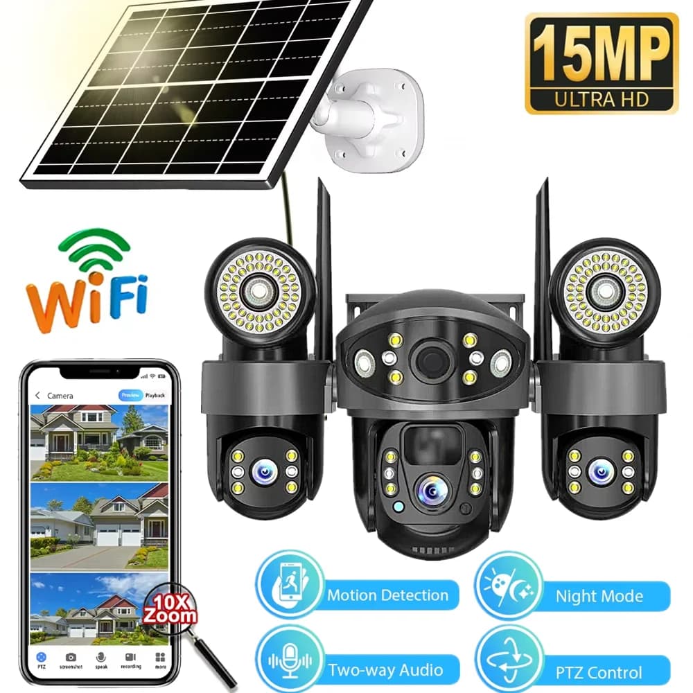Solar WiFi CCTV Camera with LED Night Vision, Three PTZ Objectives, Motion Detection, IP Surveillance Camera Waterproof