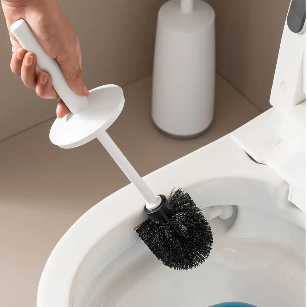 Spazzola per WC a setole morbide con base, manico lungo, anti-schizzi, set di spazzole per la pulizia del WC compatto e rinforzato
