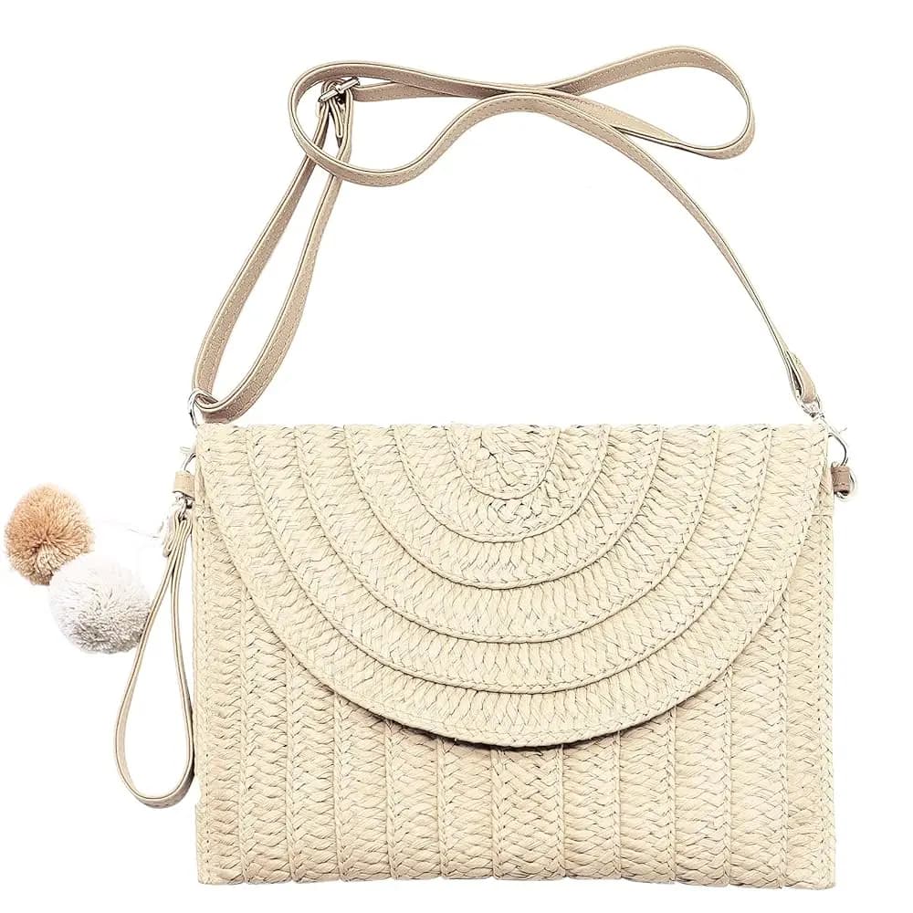 Borsa Clutch in Paglia Intrecciata da Donna, Borsa a Spalla Casual da Spiaggia in Rattan Fatta a Mano, Portafoglio