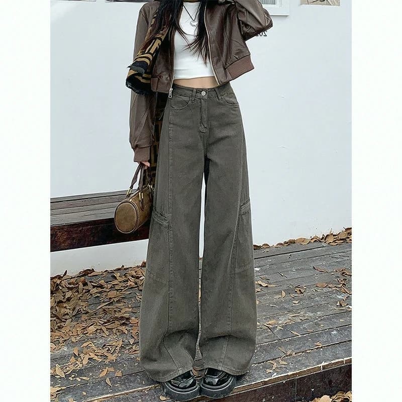 Slimming Grey American Style Summer Casual New Long Pants Straight Leg Loose Wide Leg Jeans Workwear Women's Standard Fit