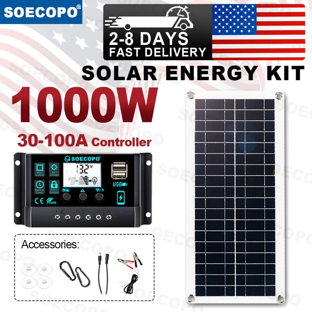 (Stock USA) Kit Energia Solare 1000W Pannello Flessibile 12V con Mantenitore di Carica Batteria e Regolatore 100A per Auto, Barca, Camper, Caricatore USB, Campeggio