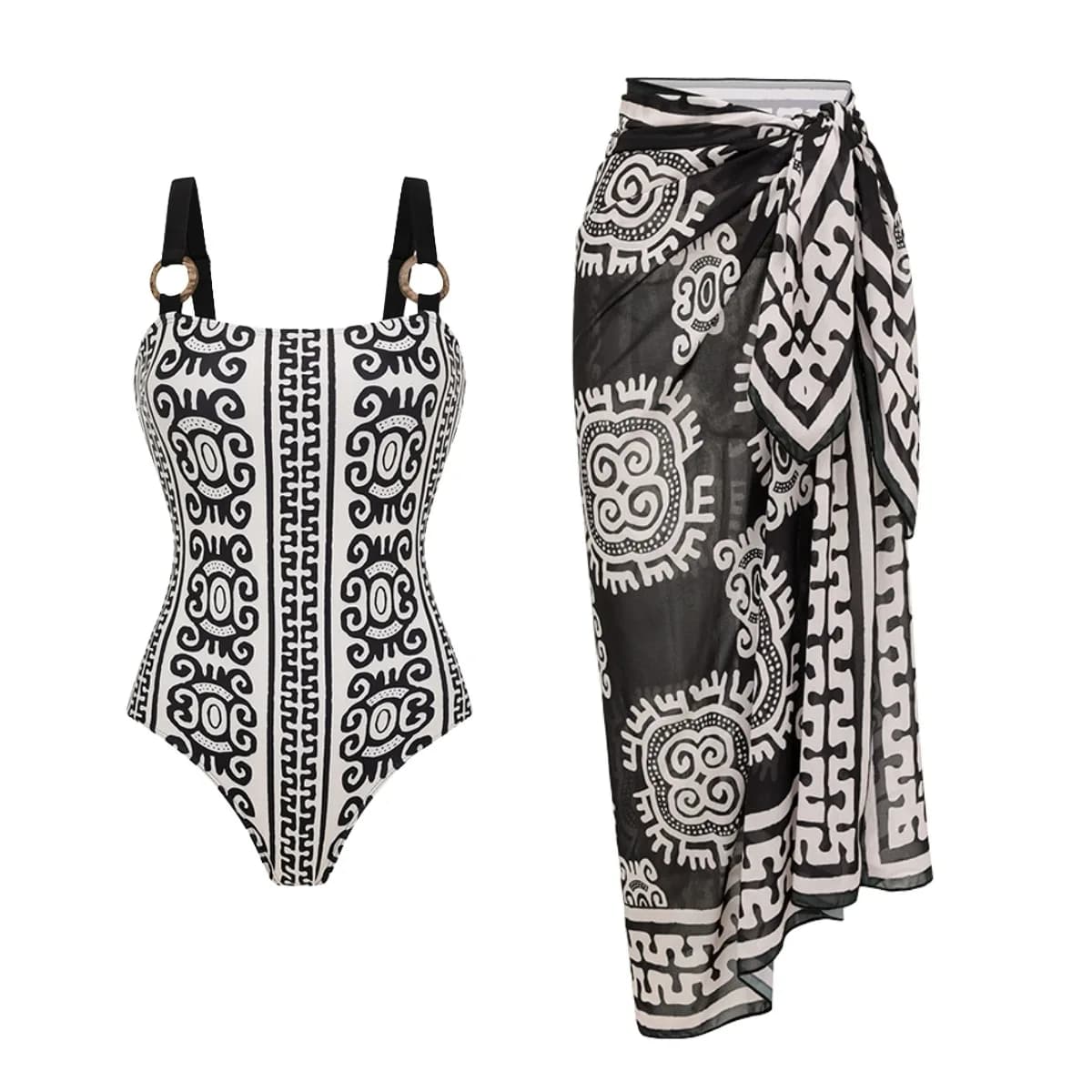 Women 2‑Piece Tribal Geometric Print One‑Piece Swimsuit Ring Detail Straps Wrap Sarong Skirt Cover‑Up Beach Resort Swimwear Set