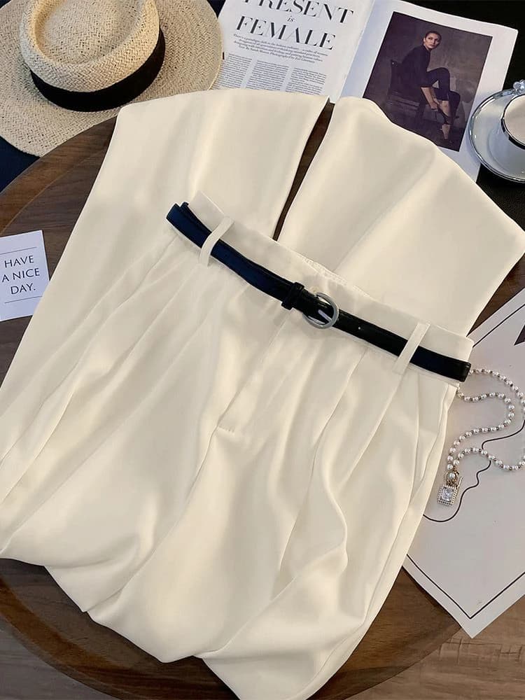 Sciolto con tuta da cintura pantaloni a gamba larga donna coreano elegante ufficio signora pantaloni dritti Casual moda pantaloni solidi a vita alta nuovo