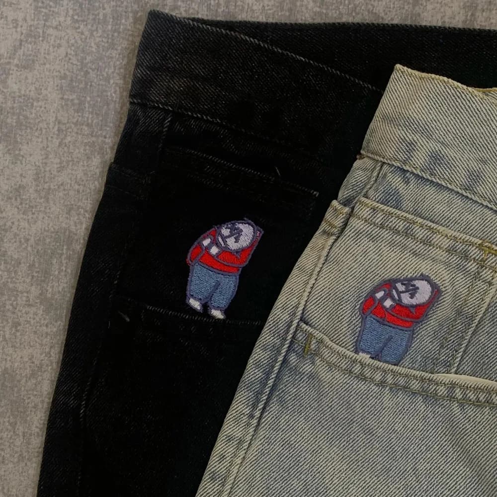 Y2K Ricamo Baggy Boy Jeans Donna Streetwear Gotico Cartoon Blu Jeans dritti Retro Punk Rock Pantaloni in denim a vita alta