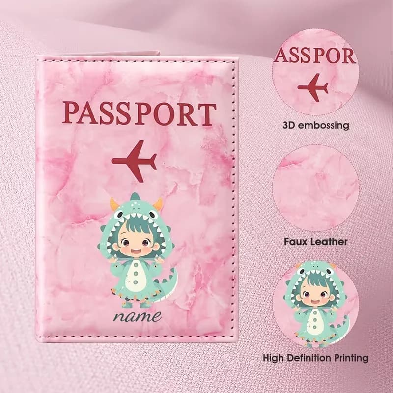 Custom Name Cute Dragon-Shaped Cartoon PU Passport Holder, Featuring an Adorable Green Dragon Design with Clouds And Stars