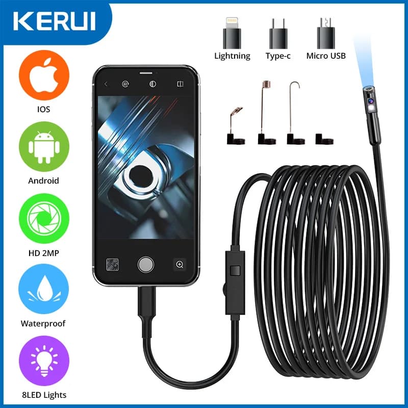 KERUI 8mm 2MP Endoscope Automotive Periscope Dual Inspection Camera/Single Lens for Iphone IOS Smart Phone Android Auto Type
