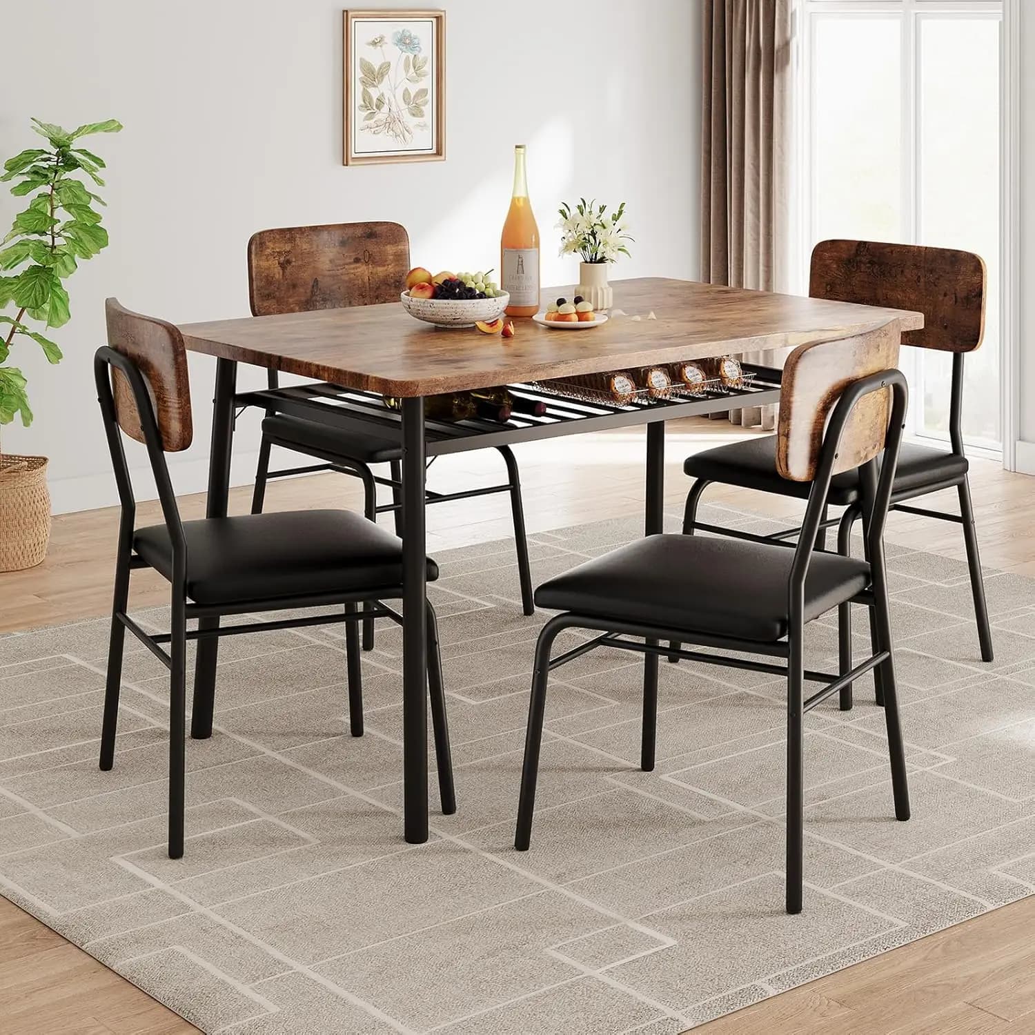 Set da Pranzo per 4 Persone, Tavolo da Cucina e 4 Sedie Imbottite con Piano in Legno e Struttura in Metallo
