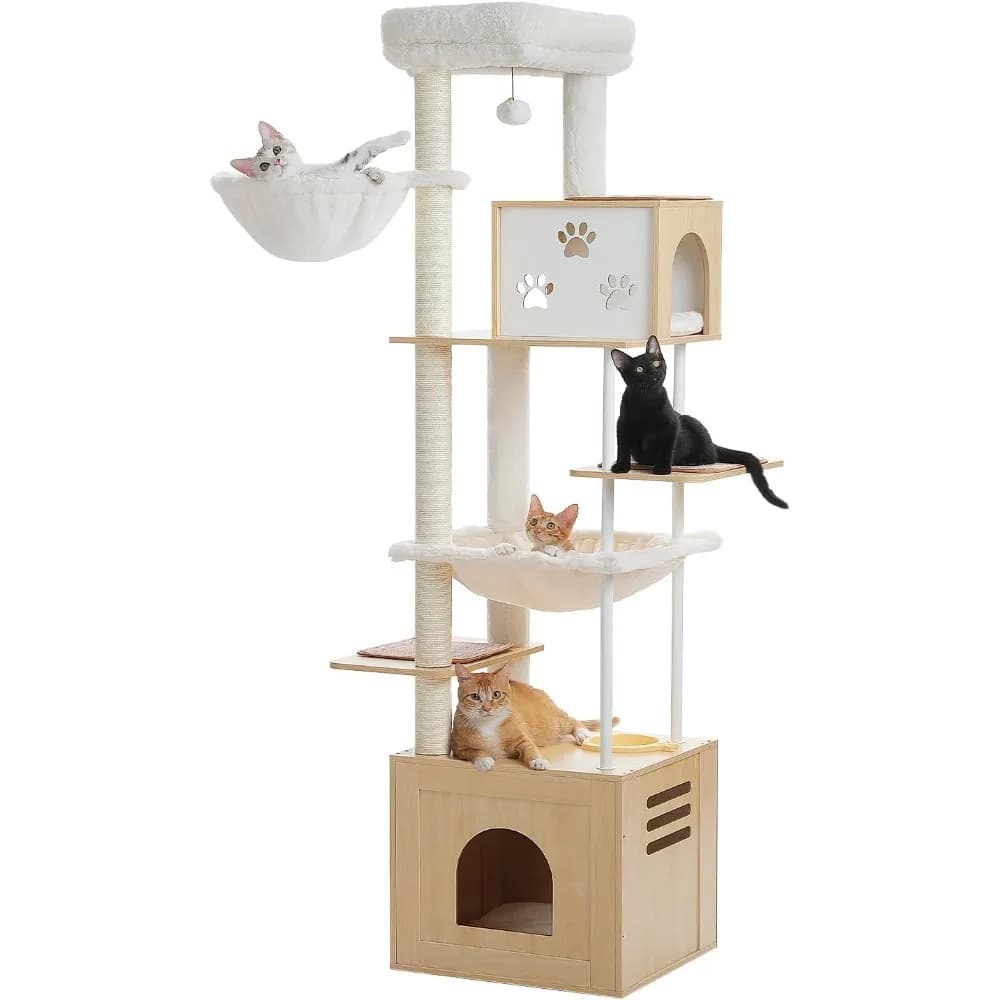 PAWZ Road Grande albero per gatti con stazione alimentare, torre per gatti alta in legno da 74,8 pollici con condomini extra large e amache, spaziosa perca