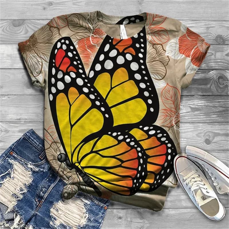 2024 Top donna farfalla stampata t-shirt da donna t-shirt oversize estate abbigliamento donna t-shirt con scollo a v floreale moda femminile
