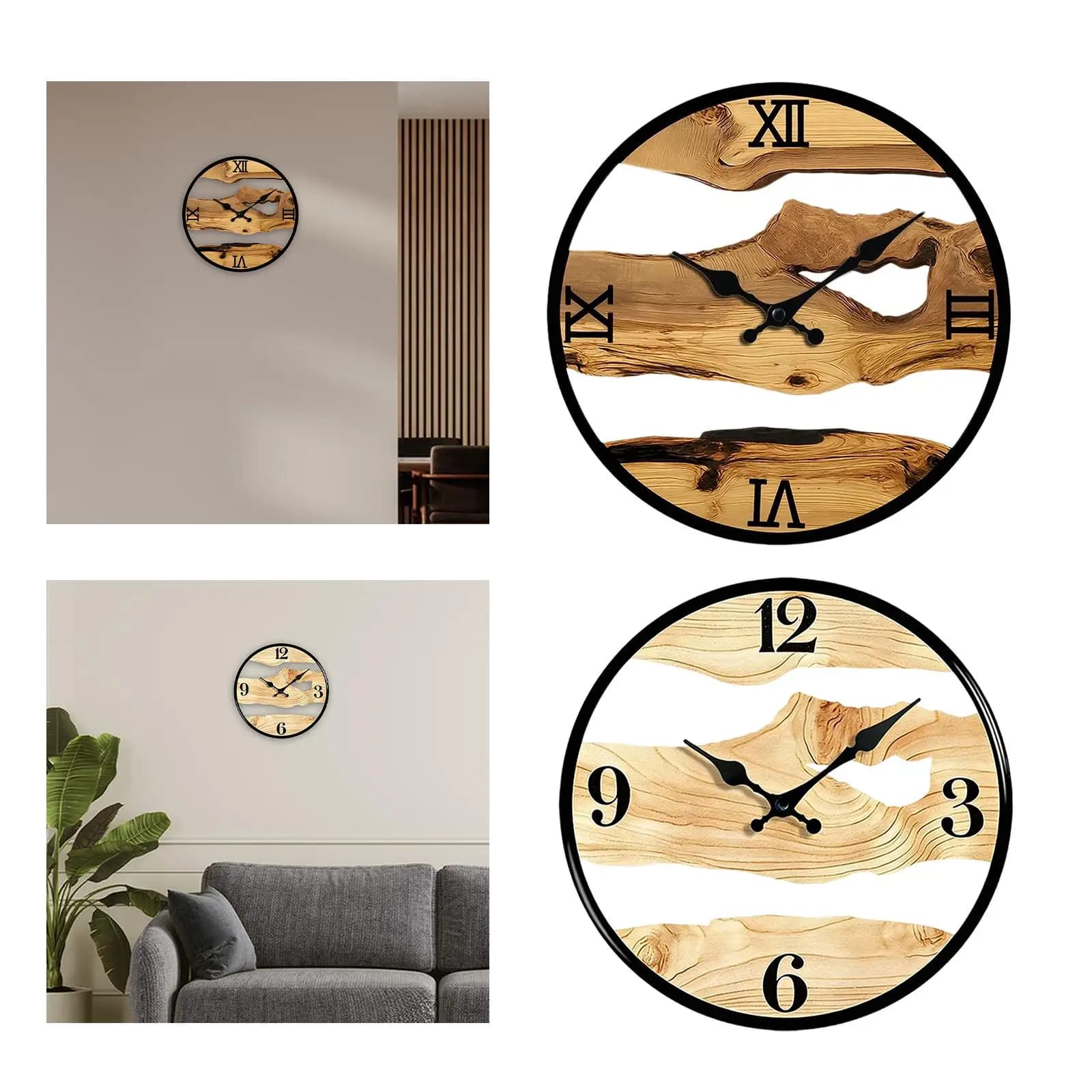 Wooden Wall Clock 30cm Rustic Style With Texture Wood Venations, Quiet Decoration for Kitchen, Living Room, Bedroom, Room, Office