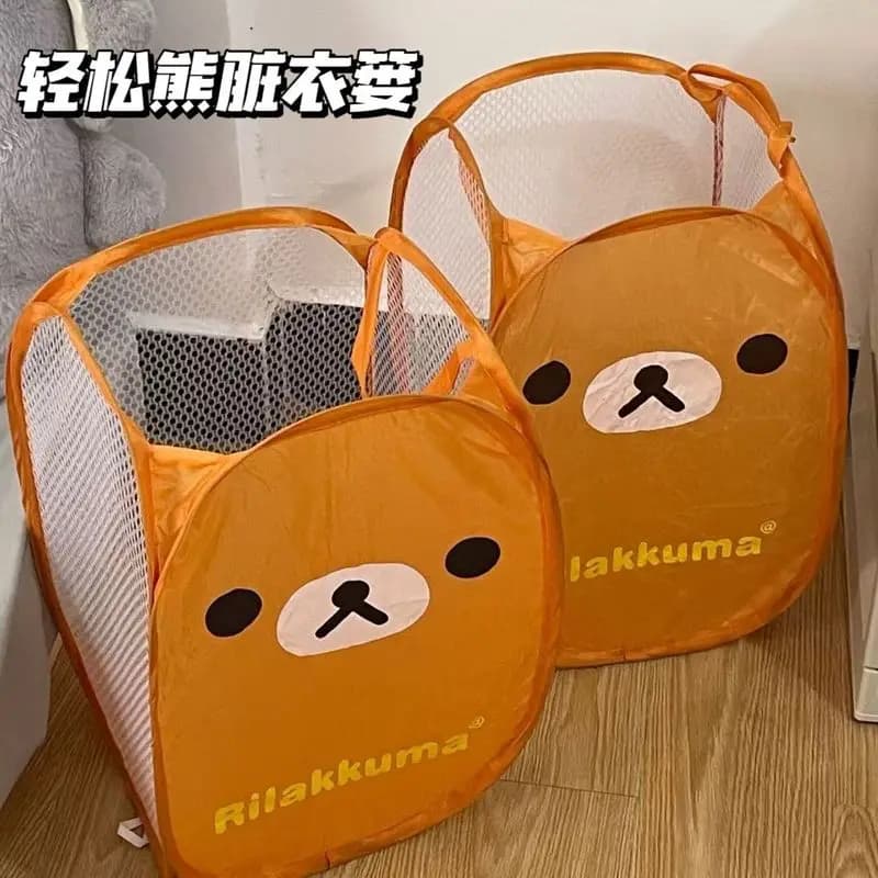 Nuovo Cesto Portabiancheria Pieghevole in Rete con Motivo Rilakkuma, Grande Capacità, Carino e Portatile, per Dormitorio e Casa