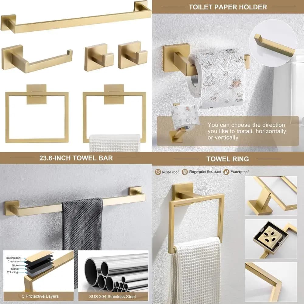 Set of 6-piece brushed gold bath accessories: 23,6, stainless steel ring, hooks and toilet paper holder