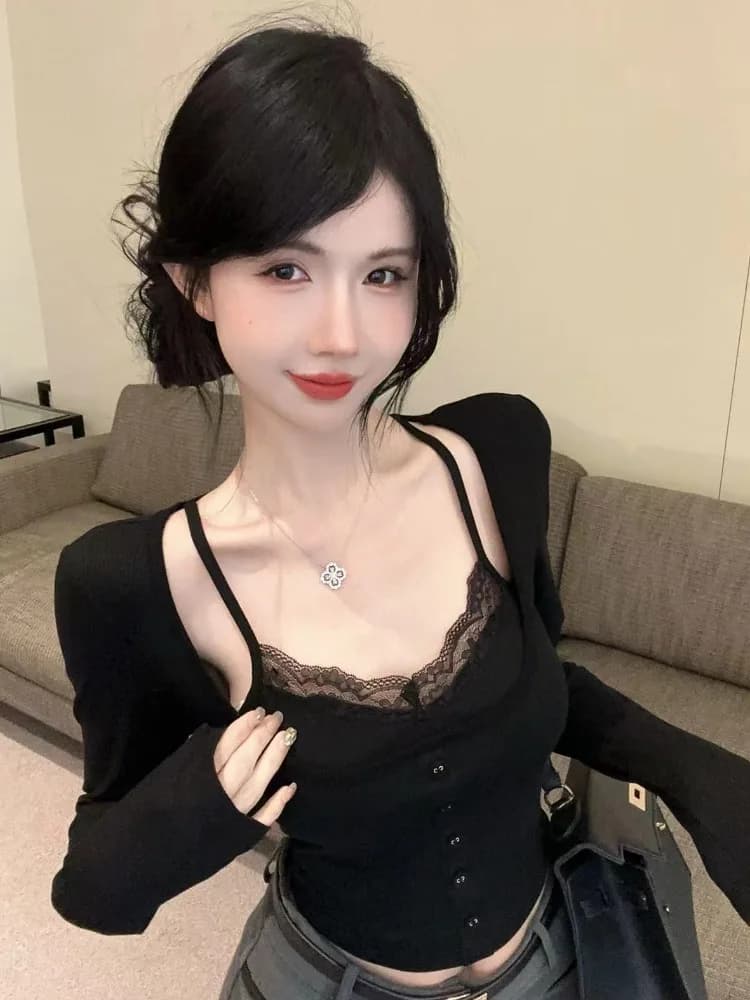 Autumn New Style Pure Desire Lace Trim Button Long Sleeve Slimming Top with Chest Pad Fake Two-Piece Casual Cotton T-Shirt