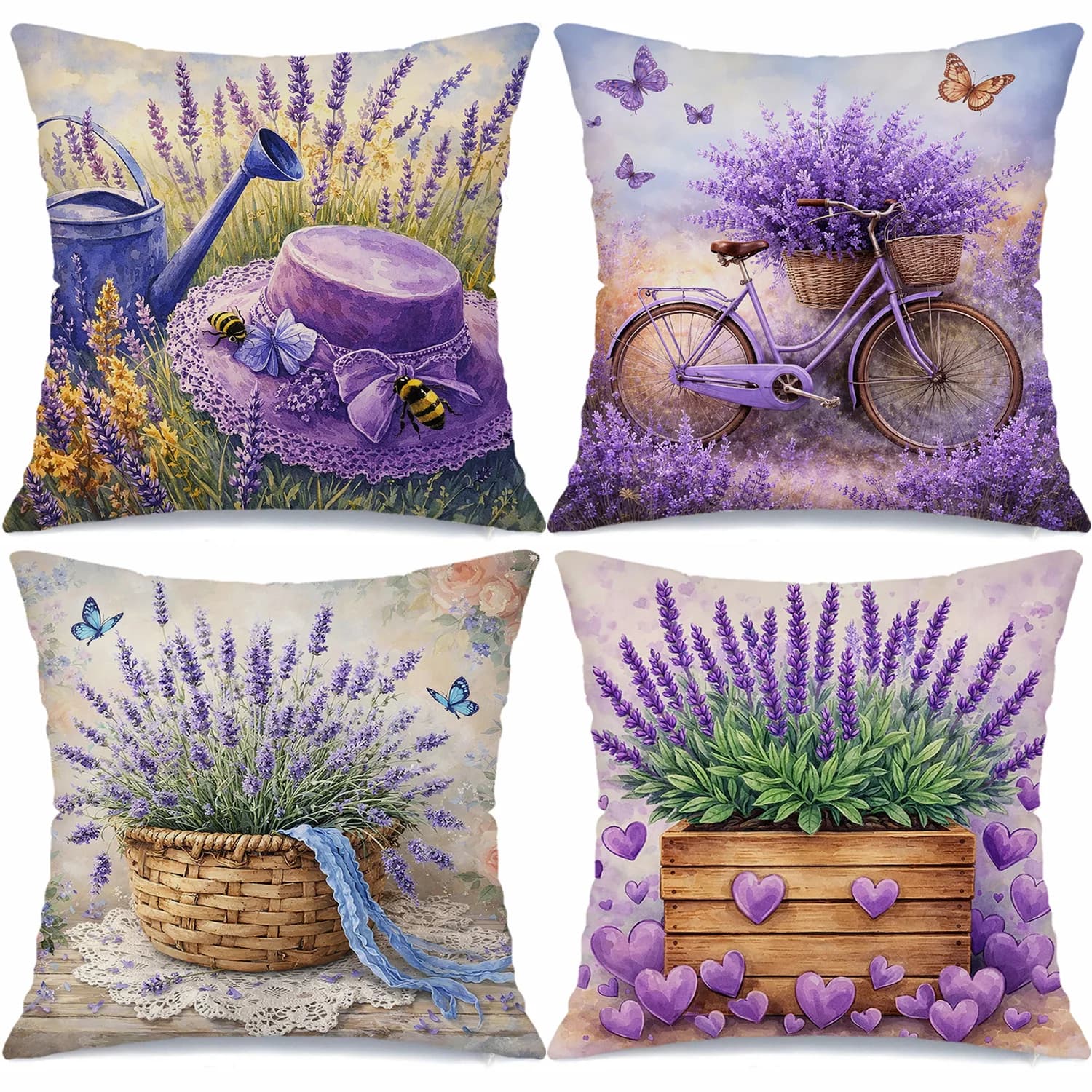 Lavender flower sea, bicycle, bees printing pillow cover Short plush Suitable living rooms bedrooms sofas throw cushion cover