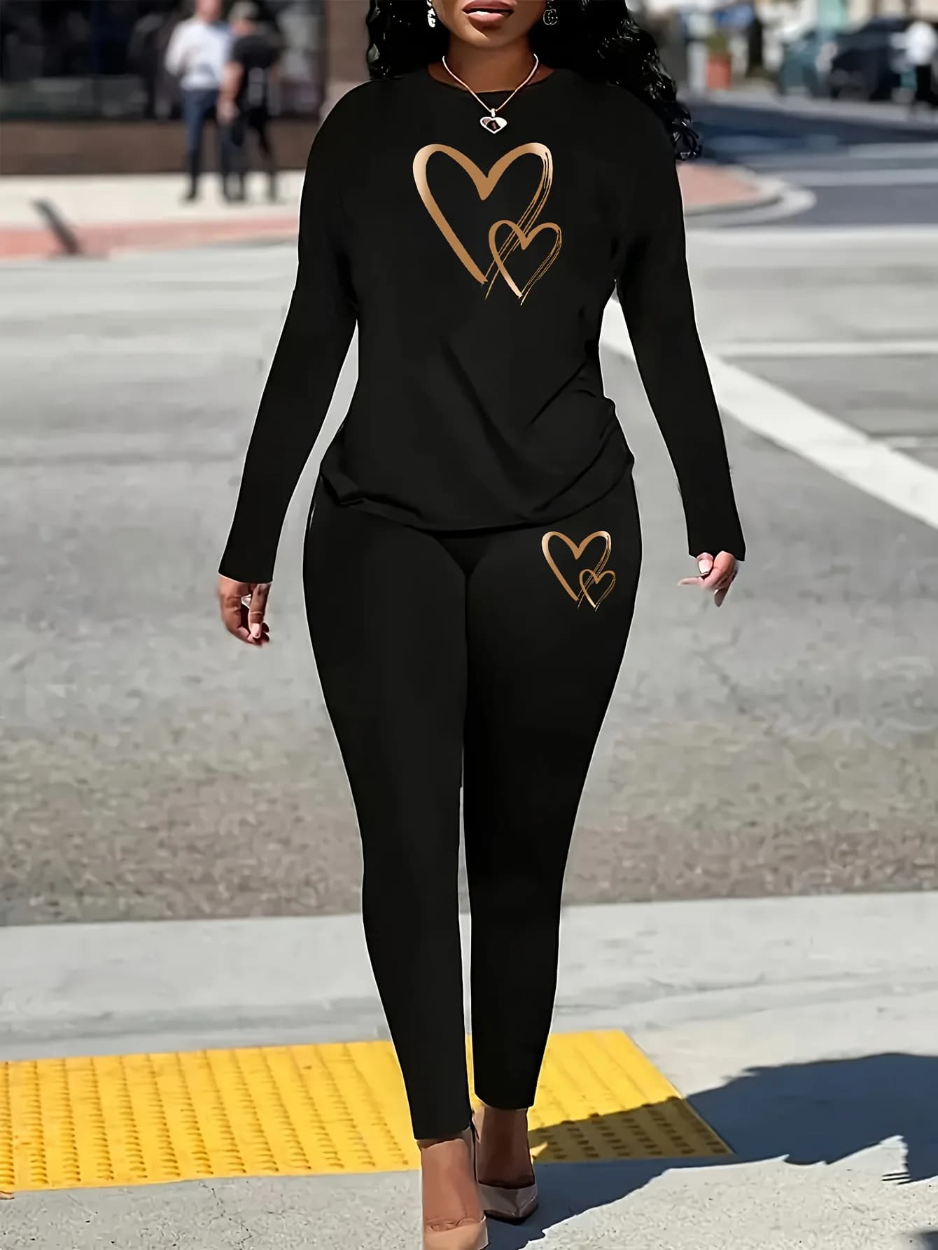 Women's Set Summer Casual Elegant Round Neck Heart-Shaped Printed Long Sleeved Top + Solid Color Heart-Shaped Printed Pants Set
