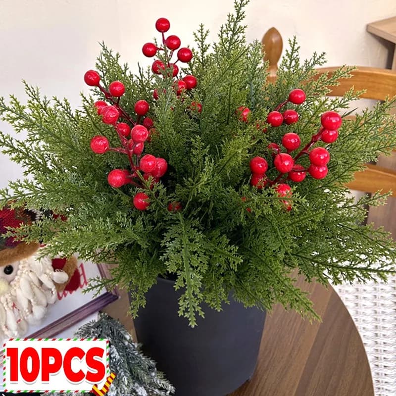 1/10 Pezzi Rami Artificiali di Pino con Bacche Rosse, Decorazioni Natalizie e per Capodanno, Piante Finte per Vasi da Tavolo