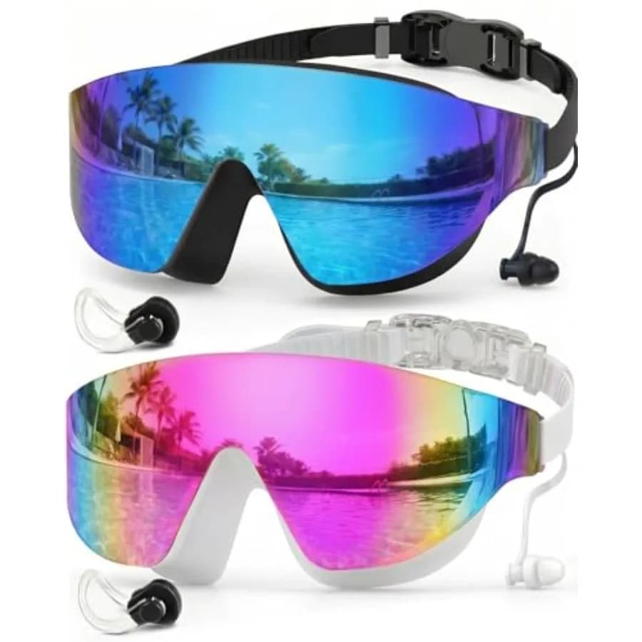 Swim goggles for pool use, silicone material, black color, rimless wide-view design with anti-fog and UV protection