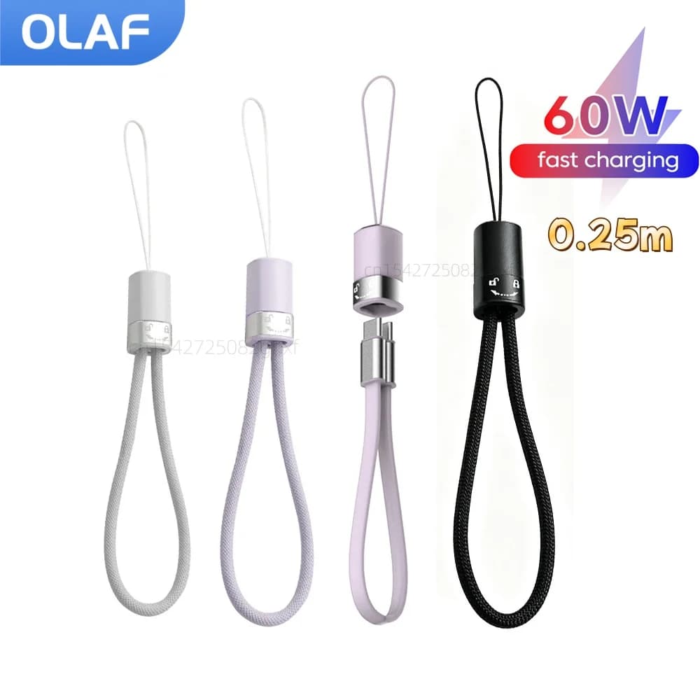 60W 0.25M Short Type C To Type C Data Cable Fast Charging USB C To Type C Lanyard Cable For Iphone 15 16 Samsung Power Bank