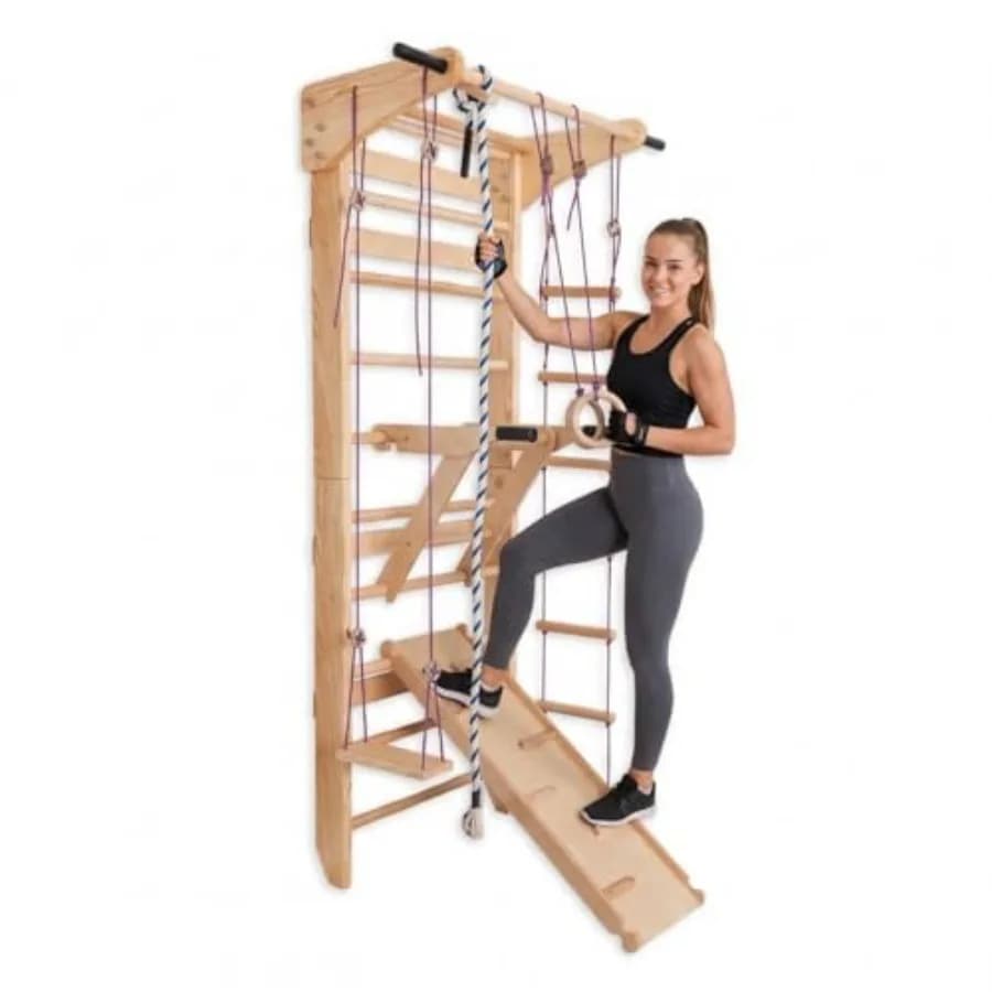 Swedish roller coaster with traction bar and dip station, wood, multifunctional for home gym, for strength training