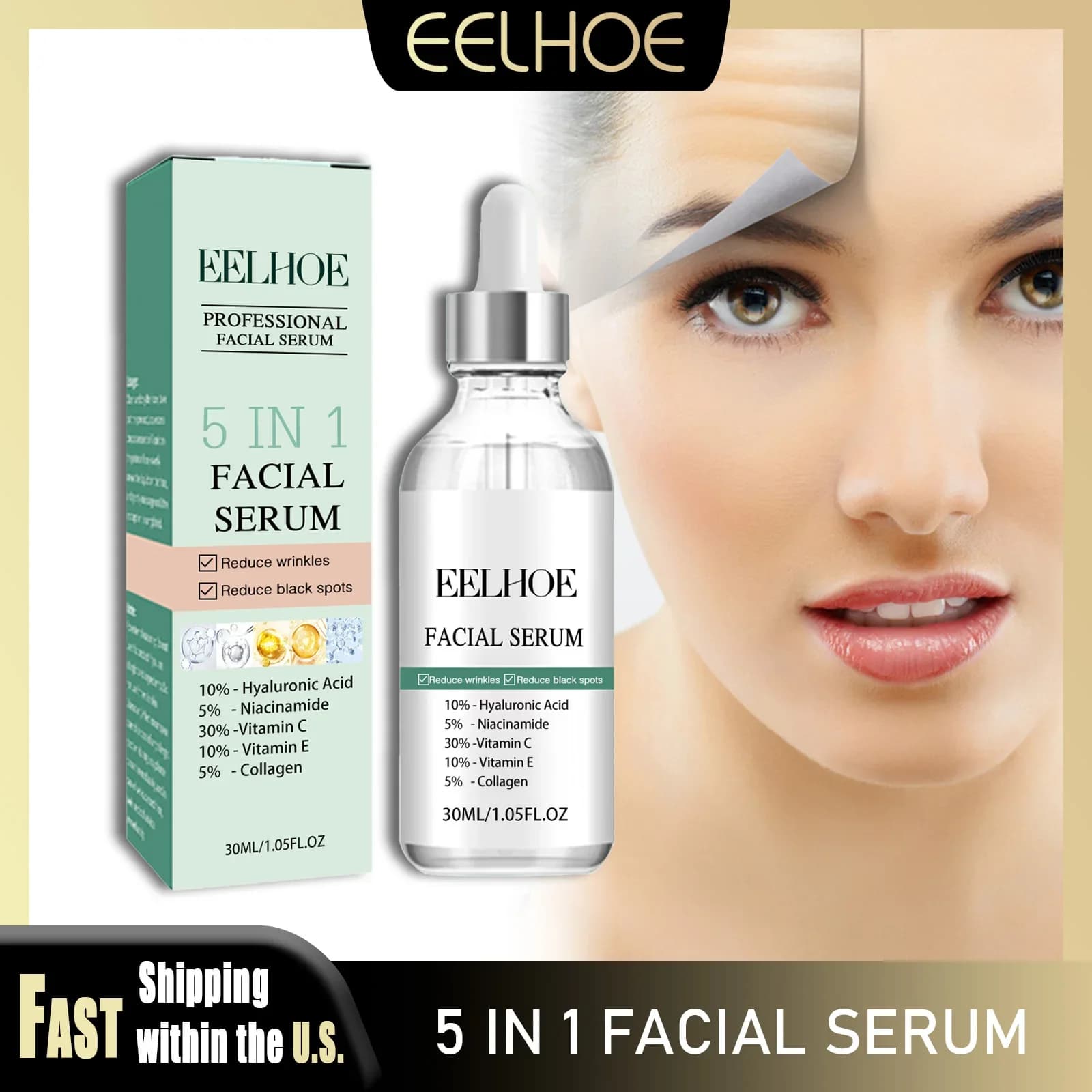 EELHOE Siero Viso 5 in 1 Rassodante, Riduce Linee Sottili e Rughe, Niacinamide Illuminante, Collagene Nutriente, Cura Quotidiana del Viso