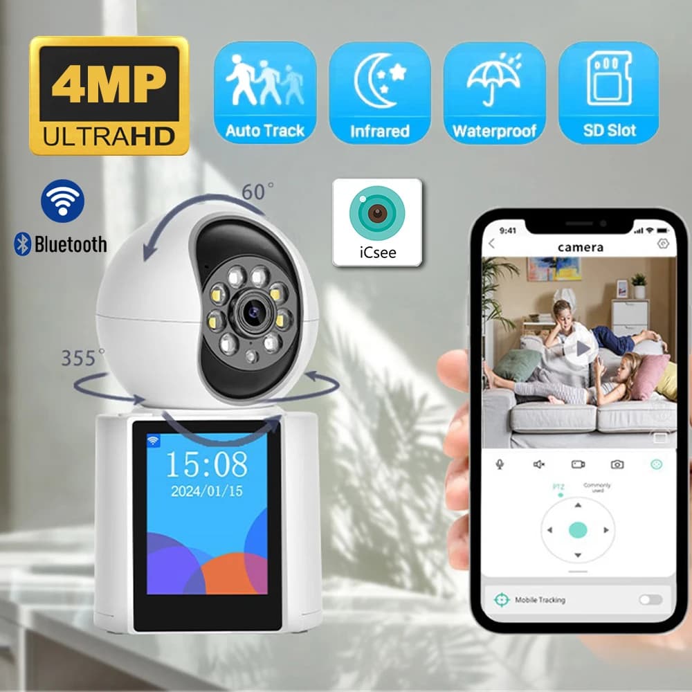 Telecamera interna WIFI da 4 MP Tracciamento automatico Protezione di sicurezza ICSEE Schermo da 2,8 pollici Pulsante Chiamata Videocamera per chiamate PTZ Baby monitor