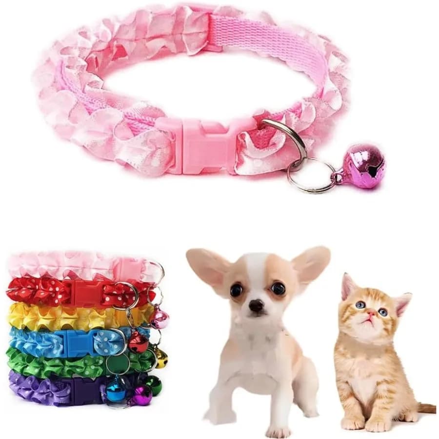 Collare rosa con campana per cucciolo di cane Collare a campana per gatti Collare per cuccioli Ragazza in pizzo regolabile per cani da compagnia di piccola taglia XXS Xs Animale illuminato