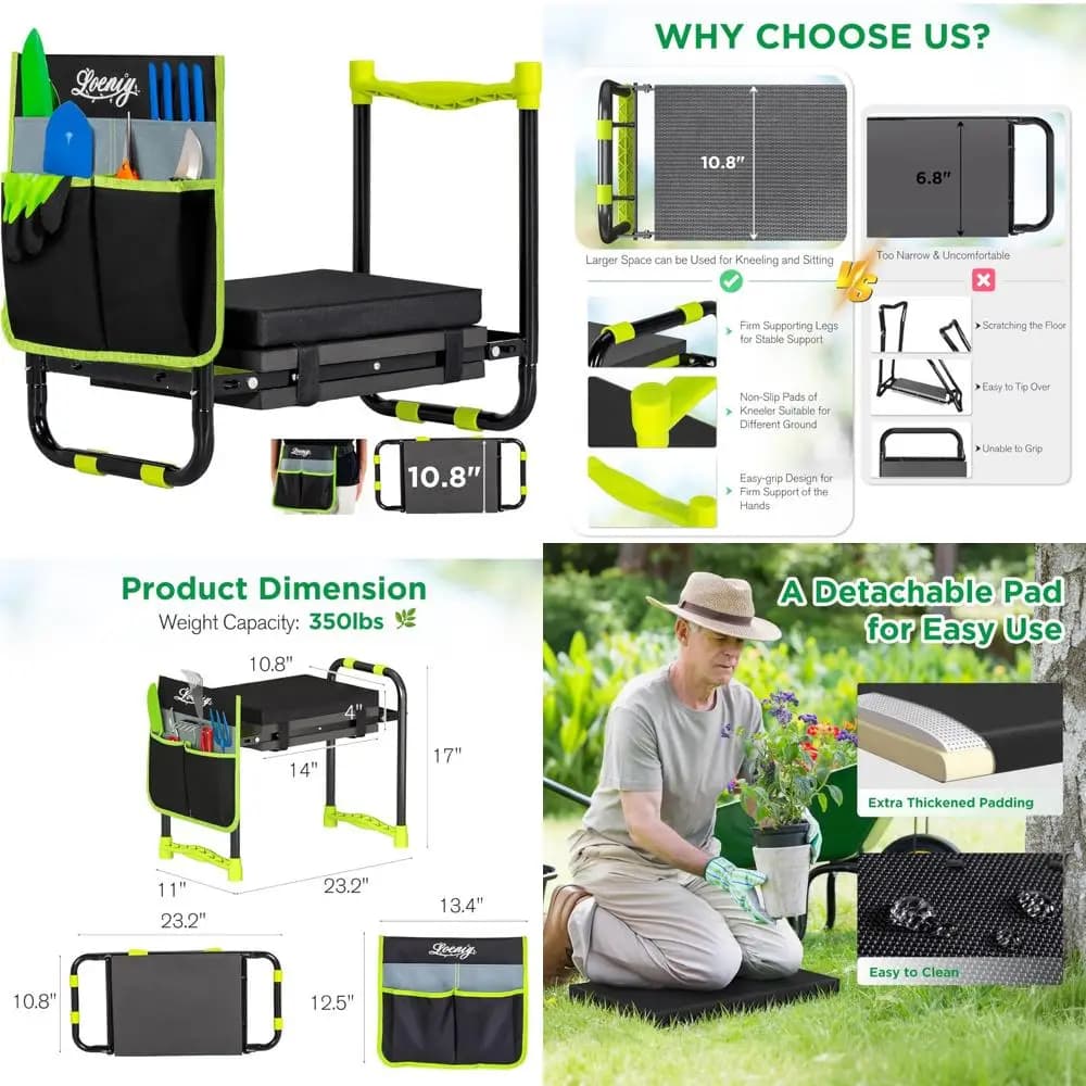 Foldable gardening stool for heavy loads with tool belt case, large kneeler and 10.8 seat, knee pad included, perfect f