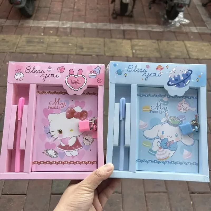2025 New Hello Kitty Themed Locking Notebook Set 3PCS Matching Keychain Stickers A5 Size PU Leather Cover Perfect Gift for Teens