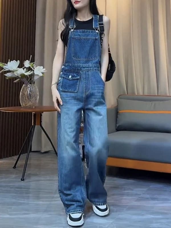 Salopette in denim da donna taglie forti, modello a pera, snellente, stile workwear, gamba dritta, vita alta, in tessuto jeans, stile streetwear, primavera estate