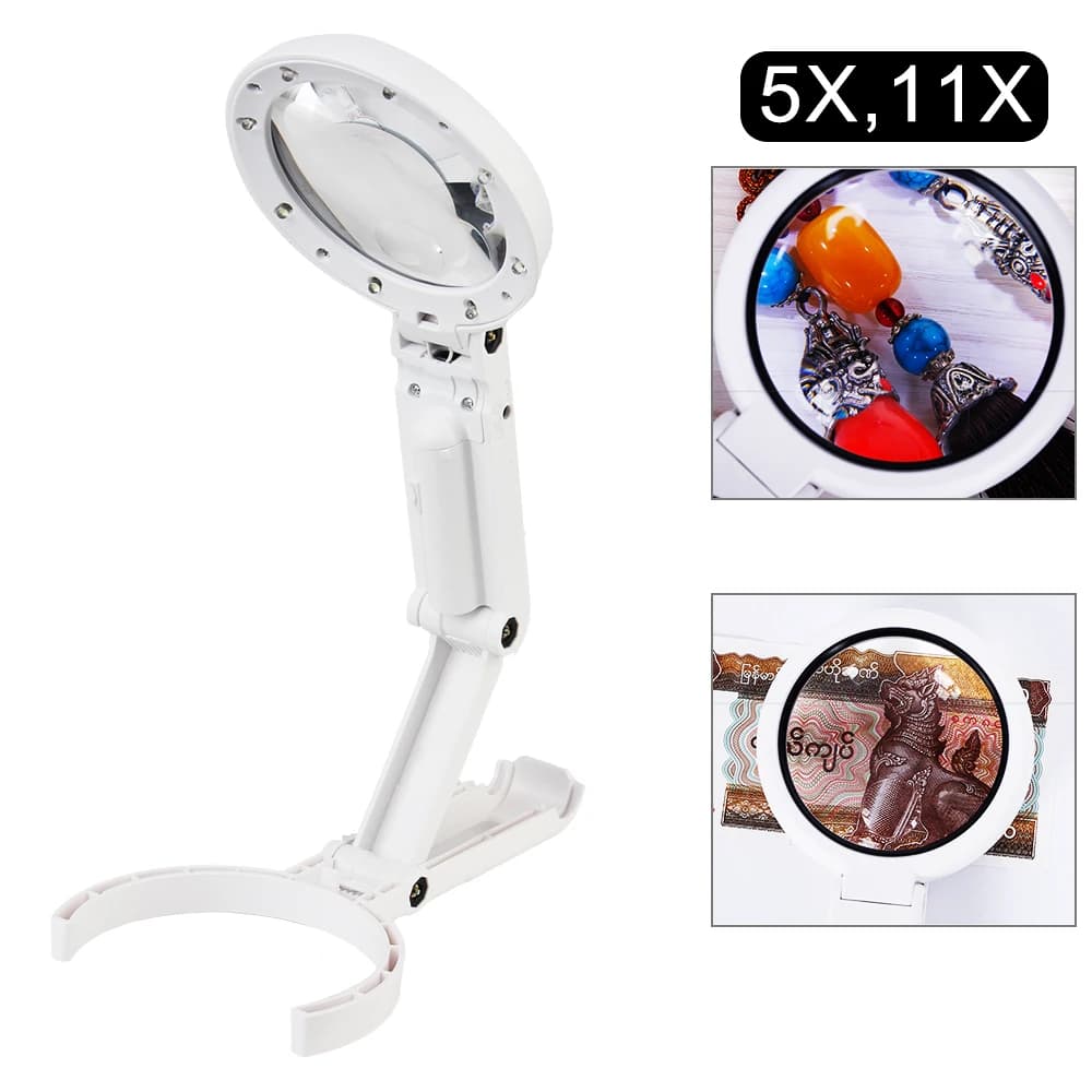 Portable Hand-held for Jewelry Appraisal Reading Repair Foldable Magnifying Glass Stand Desk with 8 LED Light 5x 11x