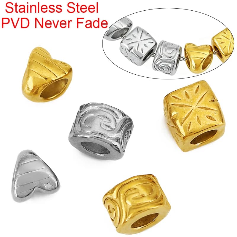 5pcs 9mm Stainless Steel Big Large Hole Necklace Beads PVD Never Fade Heart Spacer Beads Bracelet Findings For Jewelry Making