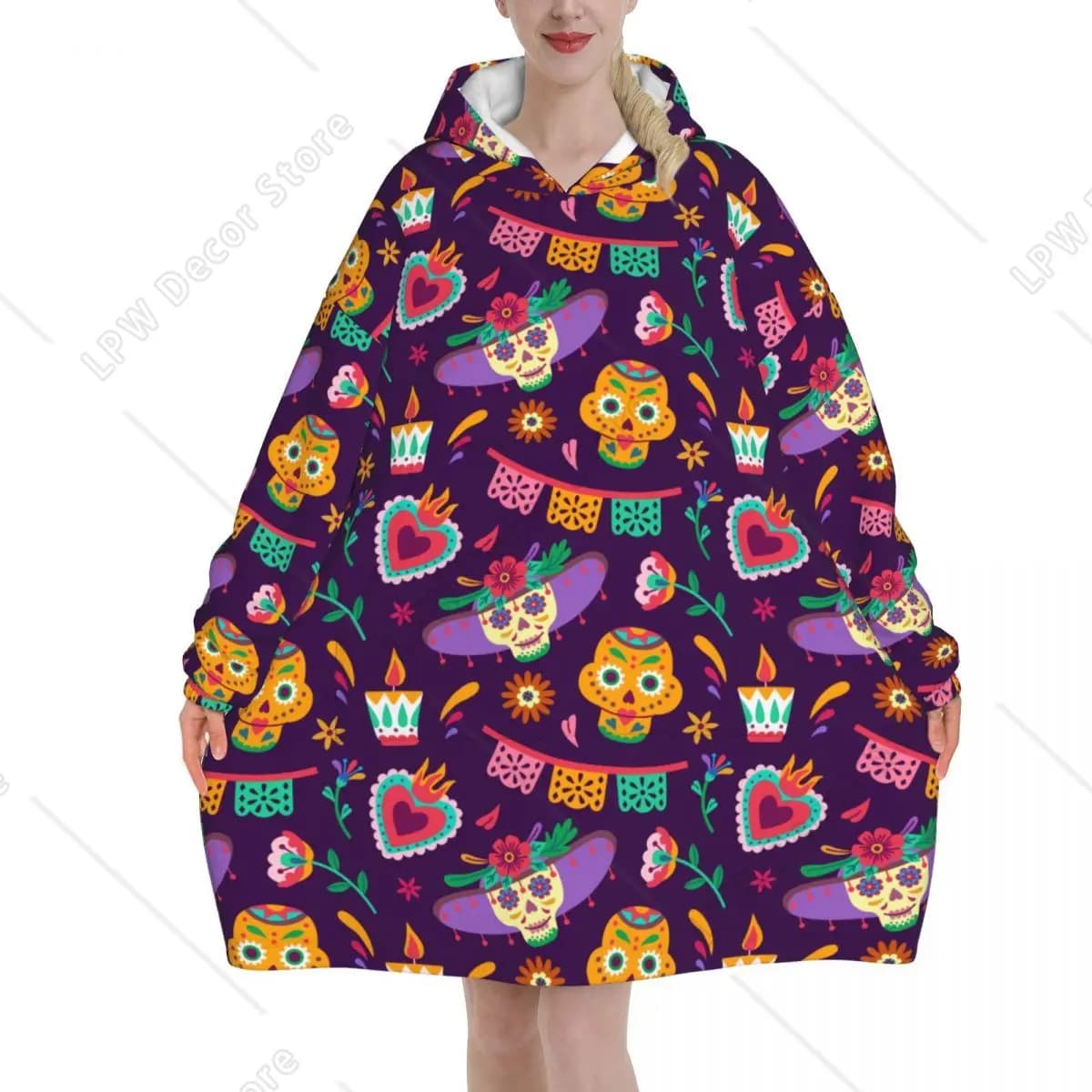 Dia De Los Muertos Day Of Dead Coperta con cappuccio Indossabile tradizionale coperta con teschio di zucchero con tasca calda sacco a pelo tutina