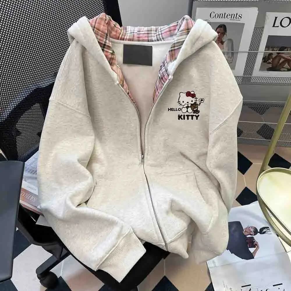 Hello Kitty Women's Hooded Sweatshirt Kawaii Cartoon Student Autumn Long Sleeve Zipper Top Women's Clothing Y2K Printed Coat