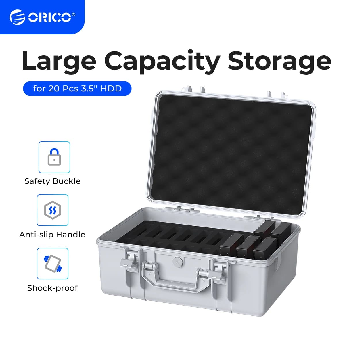ORICO Custodia protettiva esterna per disco rigido HDD da 3,5 pollici a 20 alloggiamenti Scatola portatile multi-baia Acqua\polvere\antiurto