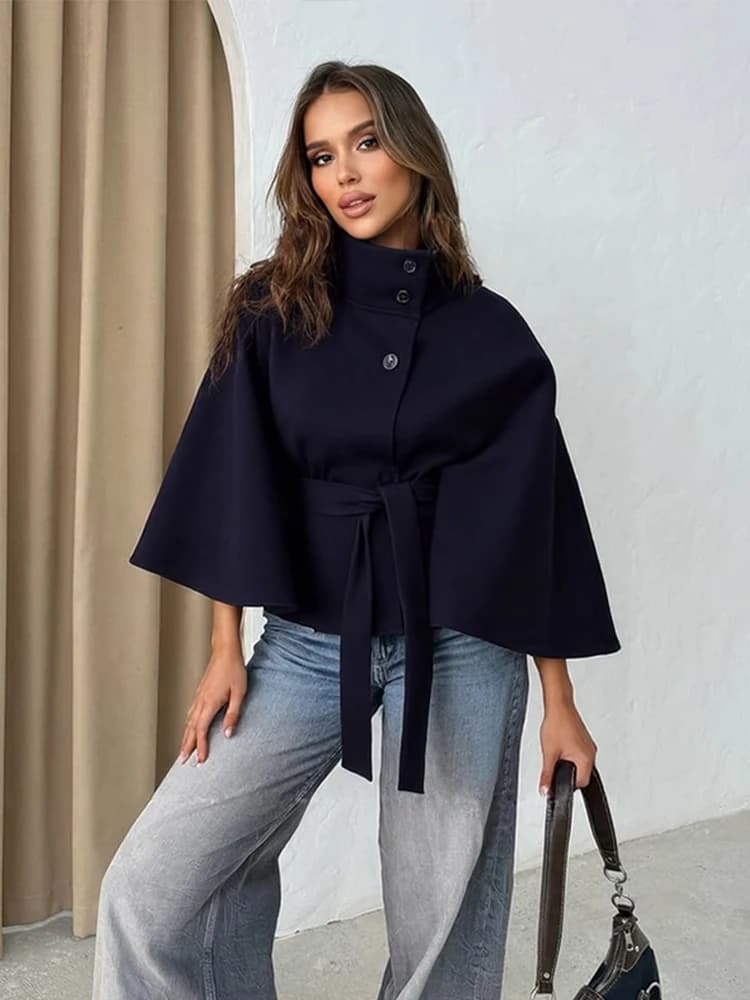 Elegant Wool Blend Cropped Coat With Belt For Women Chic Stand Collar Button Three Quarter Sleeve Jacket 2026 Autumn Outerwear