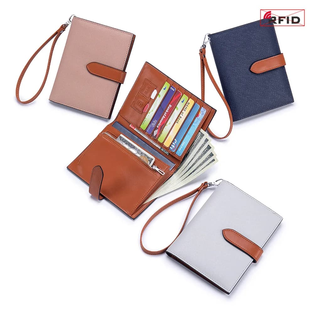 Porta passaporto RFID in pelle Portafoglio da viaggio con cerniera multifunzionale Documenti per biglietti ultrasottili Copertine per passaporto con cinturino da polso