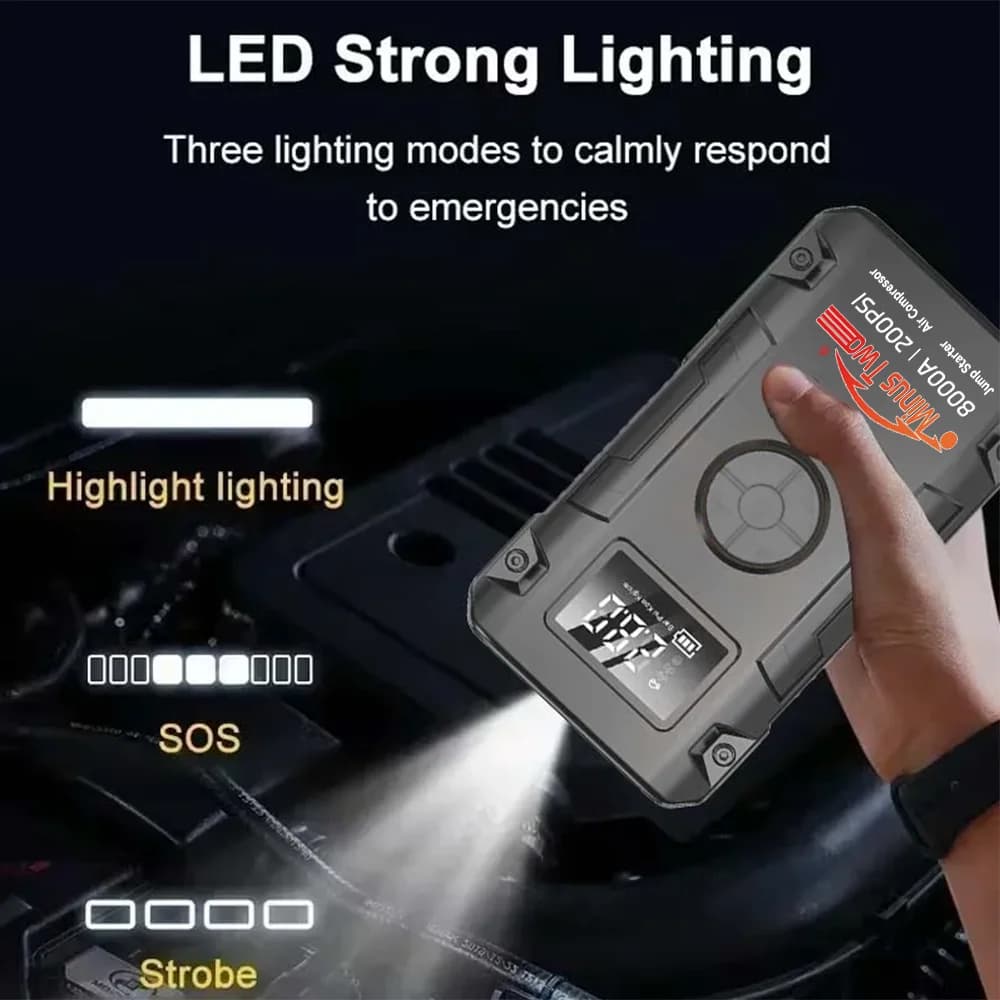 Avviatore d'Emergenza per Auto con Compressore 12V, Booster Batteria Multifunzione, Pompa d'Aria, Power Bank Professionale