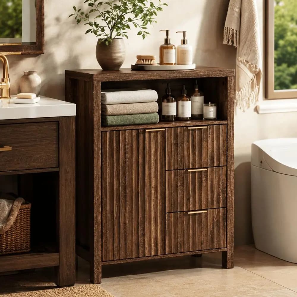 Mobiletto da bagno con 3 cassetti, moderno organizer corto autoportante da 32 pollici con anta scanalata e ripiani regolabili