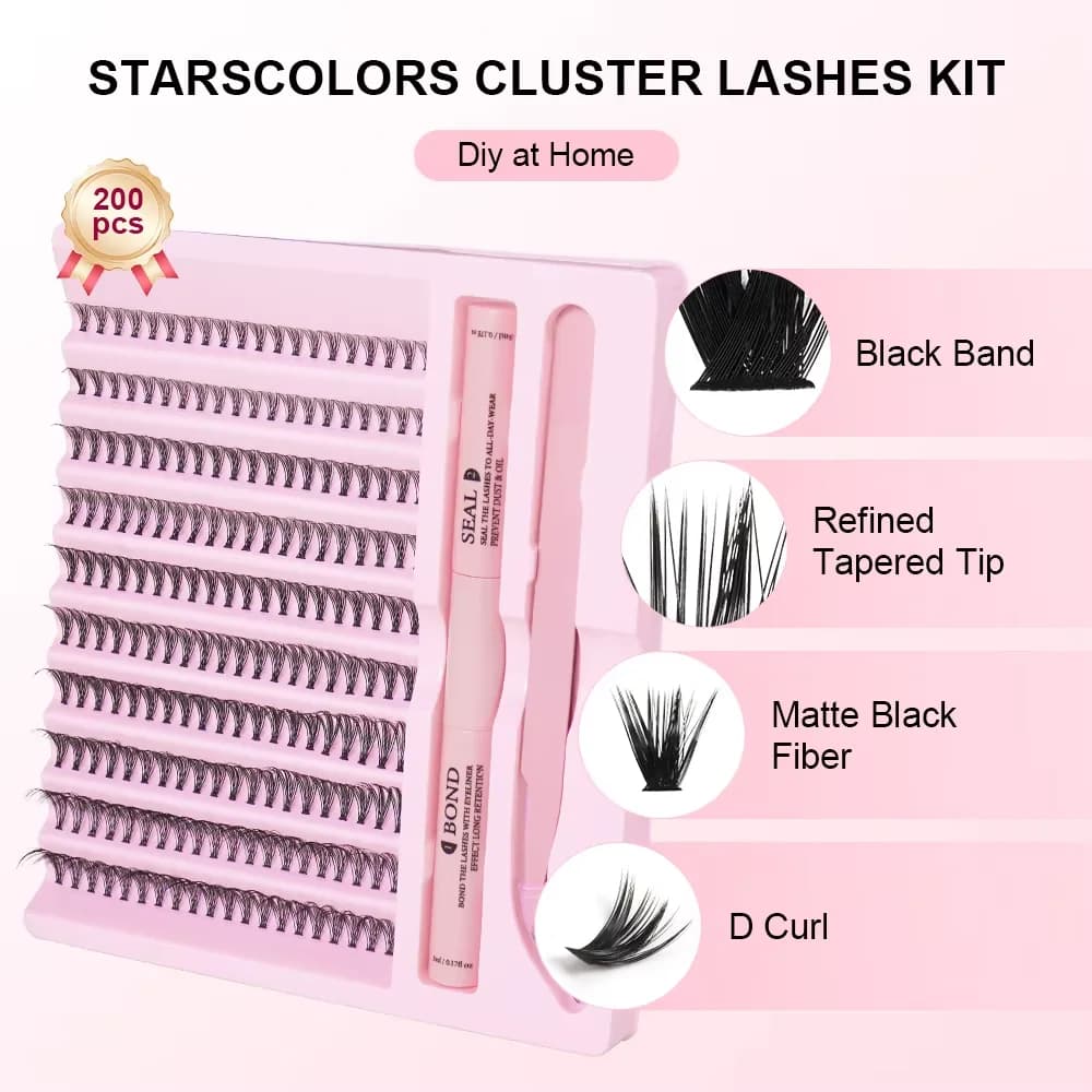 DiY 200-piece cluster eyelash kit: mixed glue, bonding and sealing 8-16 mm, tweezers for a natural appearance of self-application