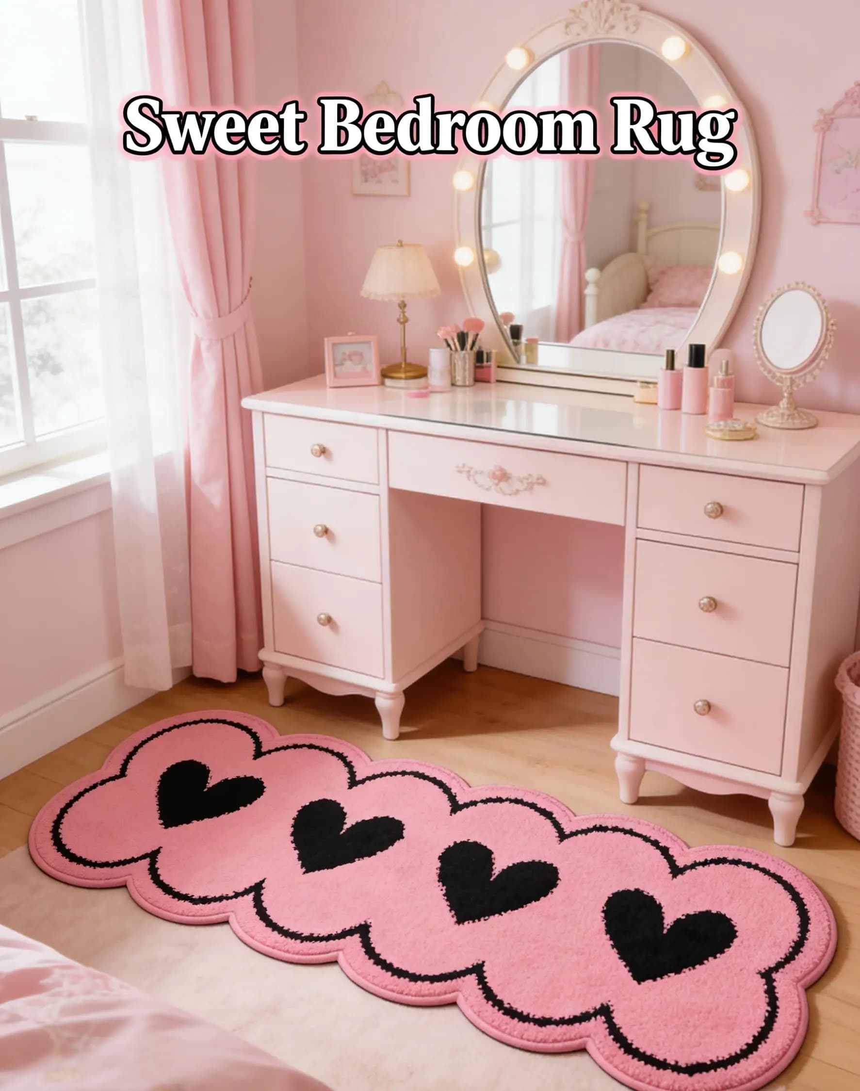 Pink heart shaped long striped mat, soft and non-slip carpet for bedroom, porch carpet for home decoration