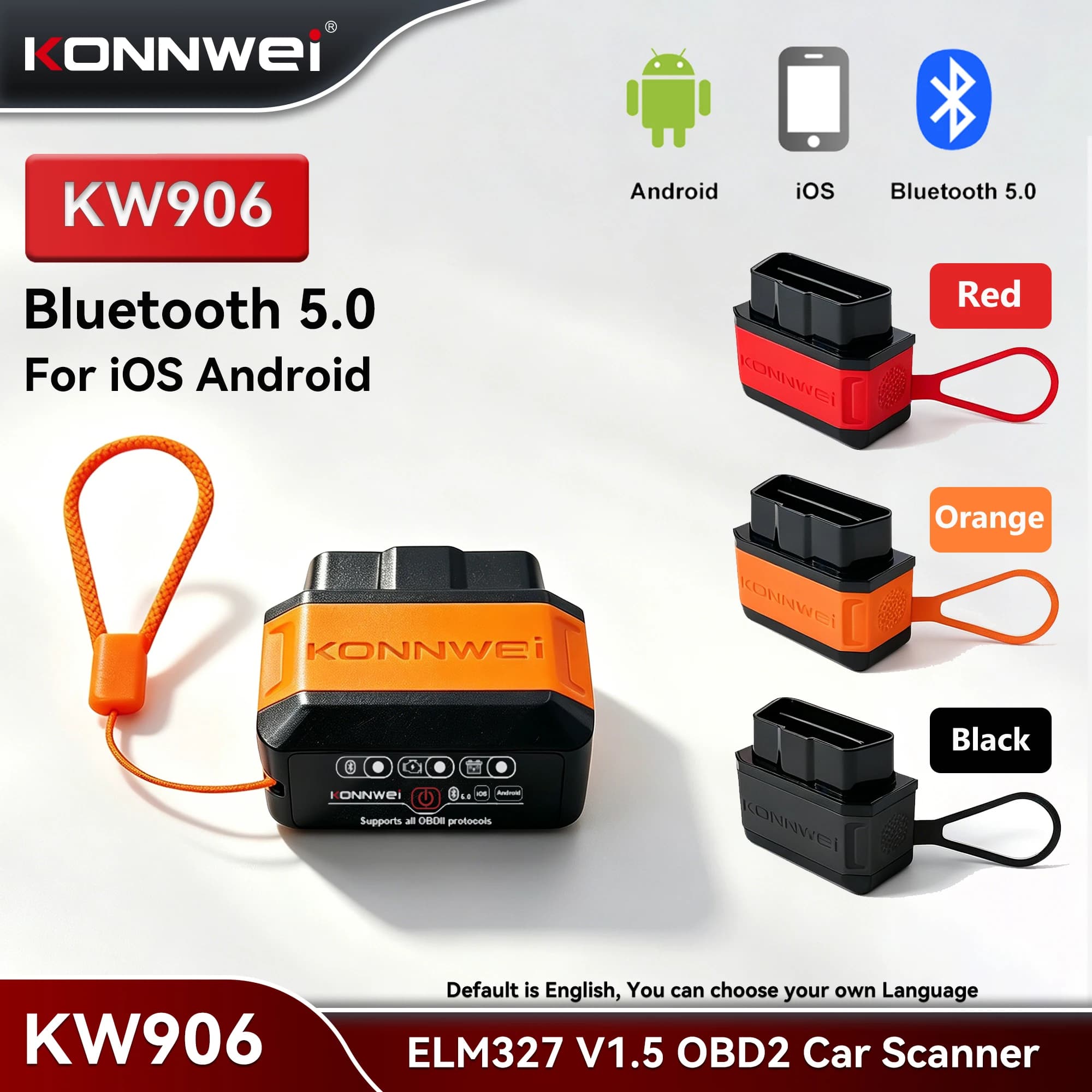 KONNWEI KW906 ELM327 V1.5 OBD2 Scanner di guasti per auto Bluetooth 5.0 Strumento diagnostico OBDII per lettore di codici Android/IOS