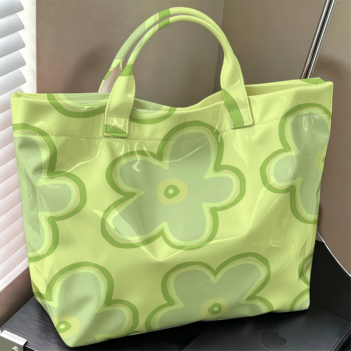 Soft Daisy Fashion Large Glossy PVC Tote Bag Hand Washable Waterproof Perfect Travel Commute Cosmetic Storage Shopper