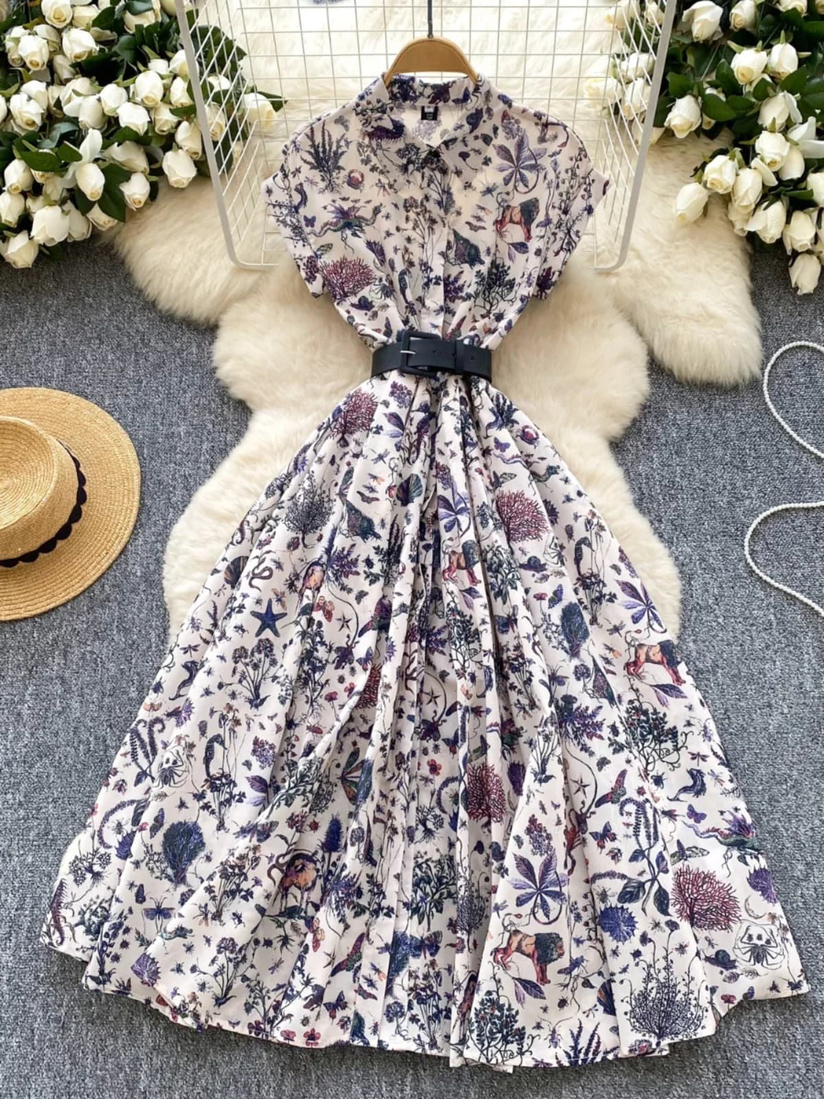 Elegant Fashionable Floral Print Dress Women's Retro Collar Short Sleeve High Waist Pleated Slimming Midi Length A-Line Skirt