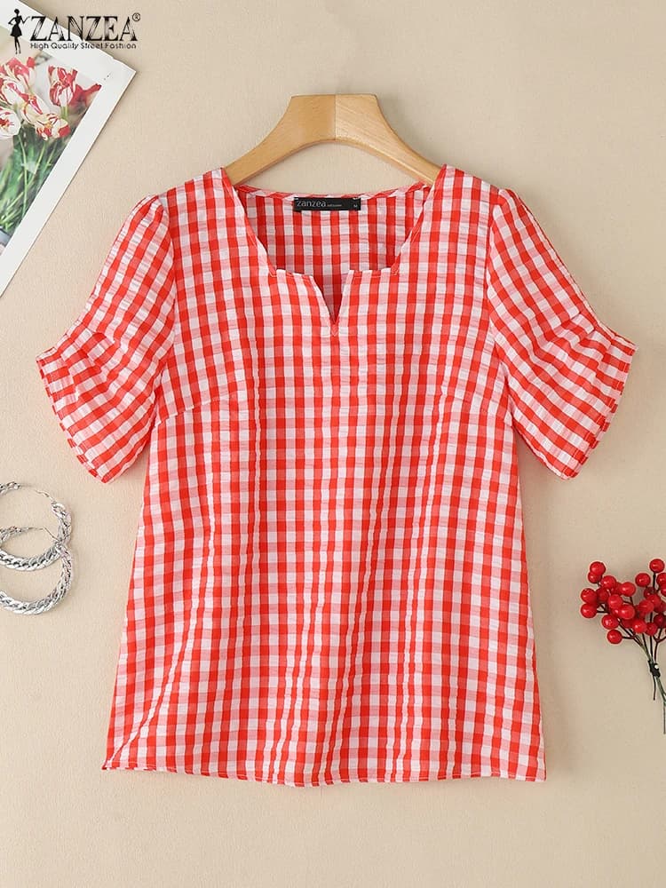 Camicette a quadri scozzesi estive da donna 2025 ZANZEA Camicia da lavoro elegante a maniche corte con scollo quadrato Top da vacanza alla moda Blusas femminili