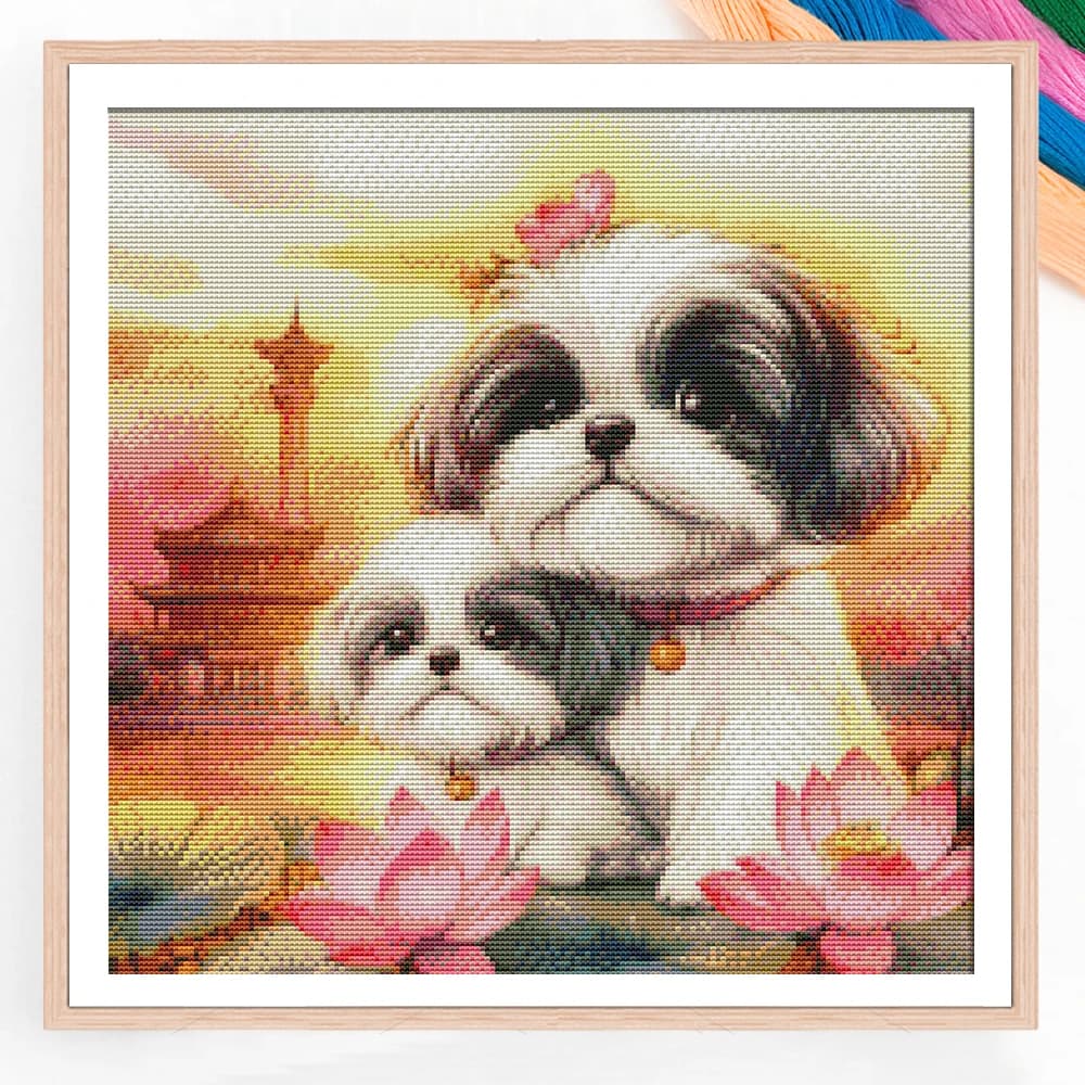 Kit Punto Croce con Motivo di Cane, Fiori e Paesaggio, 11CT, Fili Inclusi, Kit Fai-da-Te per Ricamo a Mano, Arte e Artigianato